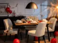 Stół nakryty do kolacji, świece, balony i sztuczne ognie tworzą atmosferę imprezy w stylu lat 70.