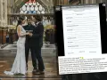 Para młoda trzyma się za ręce podczas ceremonii ślubnej w kościele. Obok nich duchowny, a w tle dokument z listą pieśni na ślub.