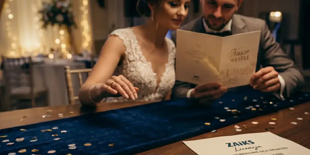 Para młoda przegląda kartkę "Nasze Wesele". Na stole leży dokument ZAIKS Licencja.