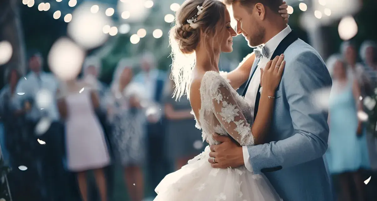 Para młoda tańczy przy blasku świateł, a w tle rozbrzmiewają piękne piosenki na wesele.