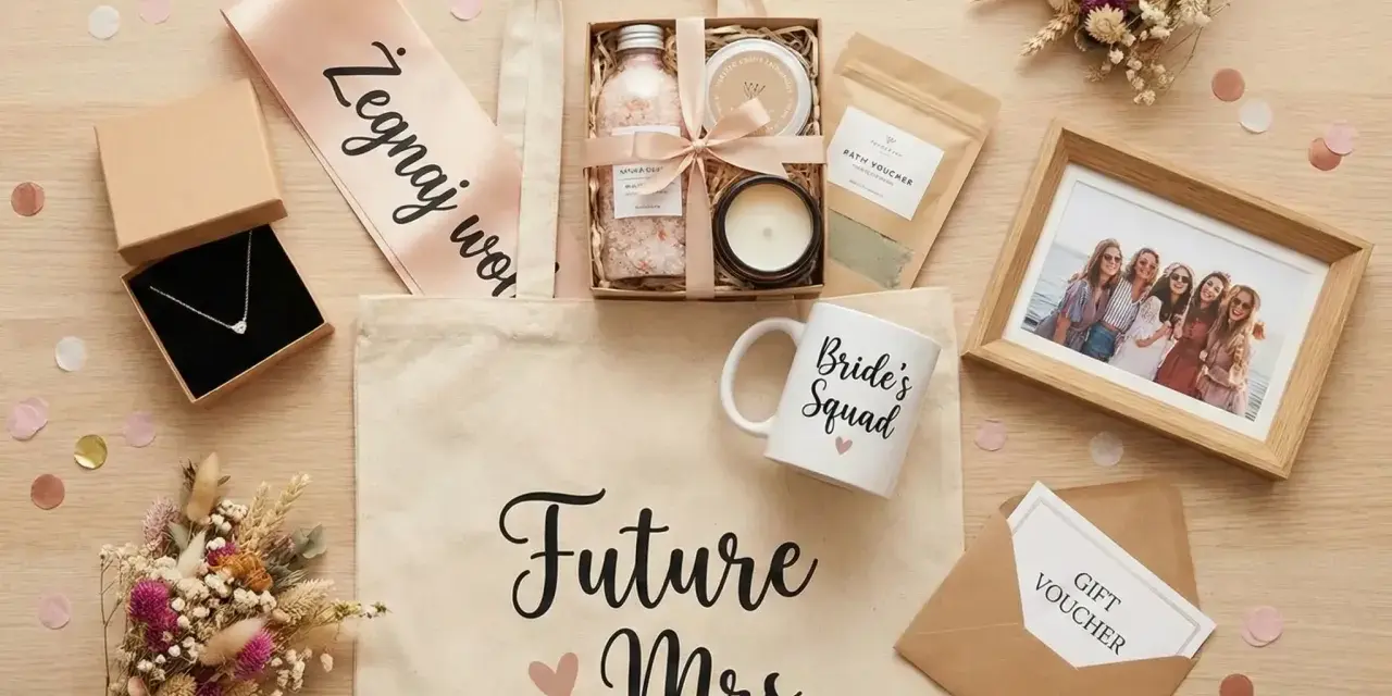 Elegancki prezent na wieczór panieński: torba z napisem "Future Mrs.", naszyjnik, kosmetyki, kubek "Bride's Squad", ramka ze zdjęciem i voucher.