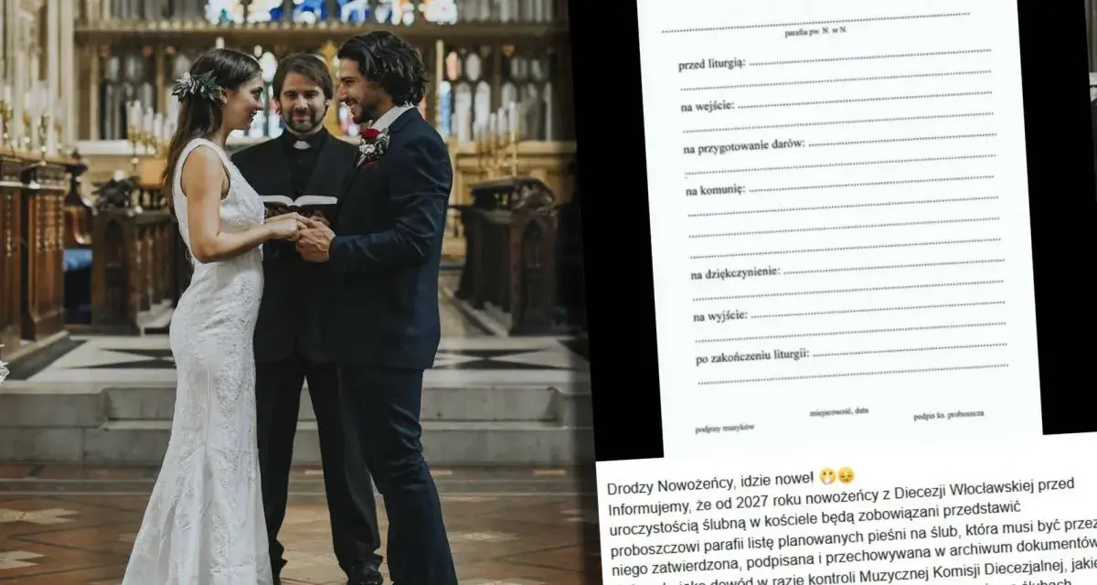Para młoda trzyma się za ręce podczas ceremonii ślubnej w kościele. Obok nich duchowny, a w tle dokument z listą pieśni na ślub.