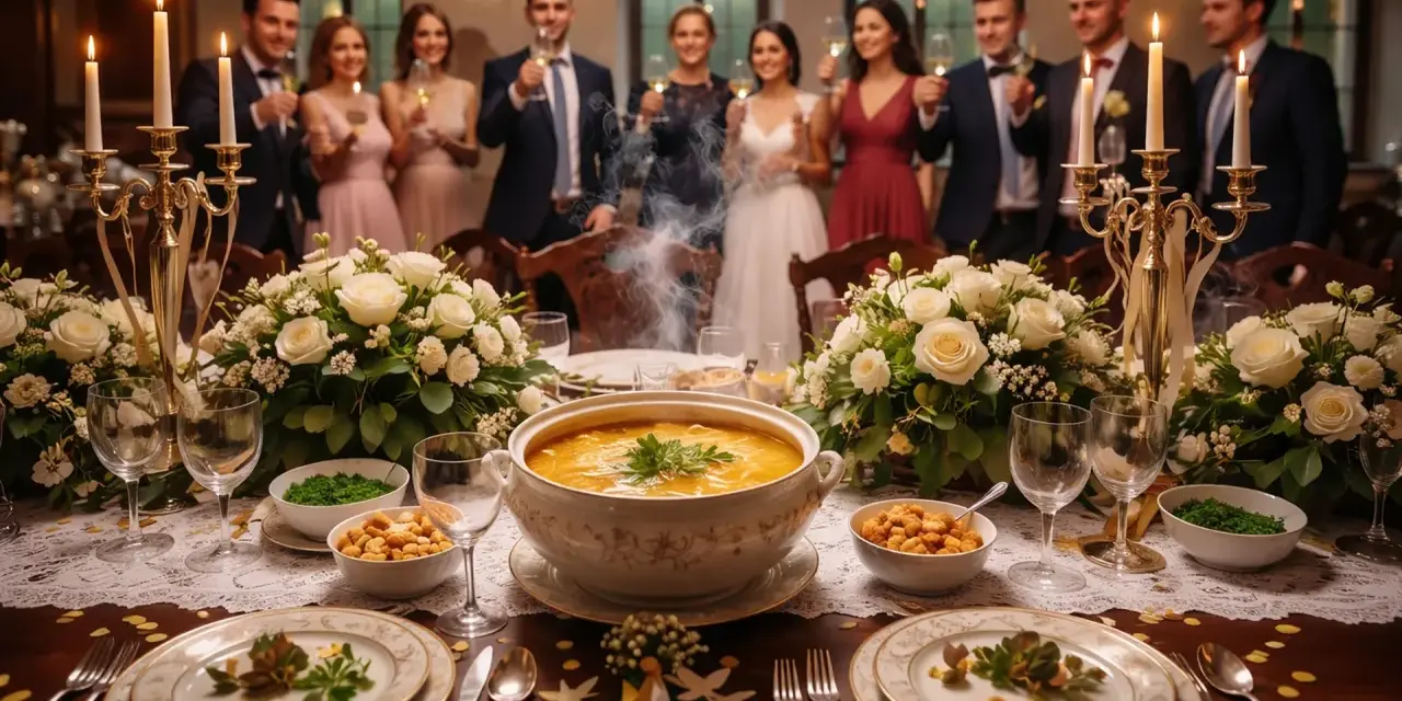 Elegancka zastawa stołowa z kwiatami i potrawami, a w tle goście weselni. Talerzyk na weselu to koszt, który zależy od wielu czynników.