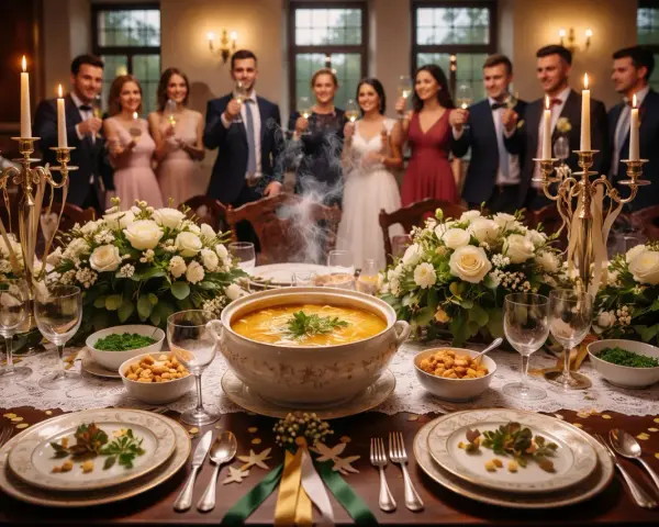 Elegancka zastawa stołowa z kwiatami i potrawami, a w tle goście weselni. Talerzyk na weselu to koszt, który zależy od wielu czynników.