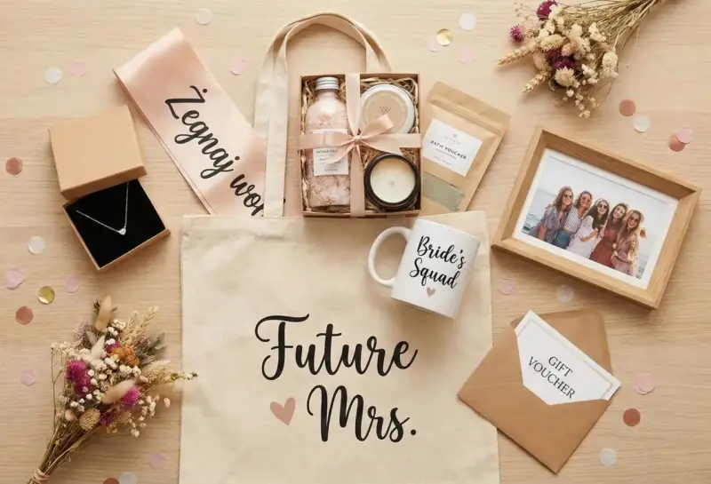Elegancki prezent na wieczór panieński: torba z napisem "Future Mrs.", naszyjnik, kosmetyki, kubek "Bride's Squad", ramka ze zdjęciem i voucher.